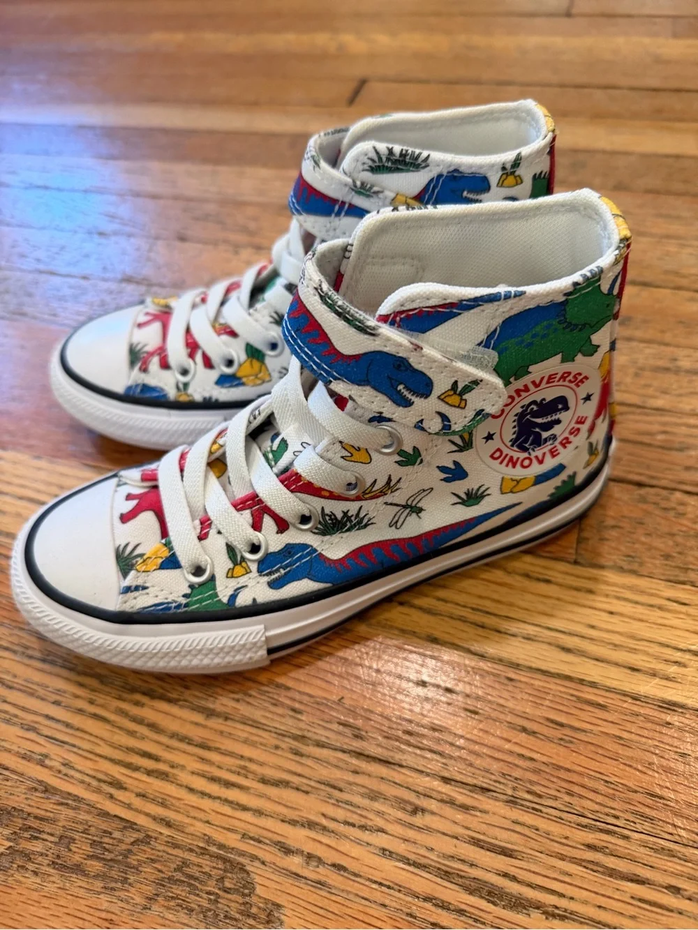 NWOT Converse Kids White High-Top Sneakers with Multicolor Dino Print